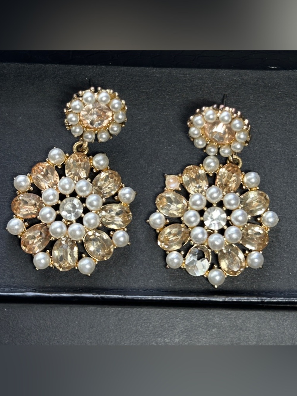 Gold Pearl and Champagne Crystal Drop Earrings